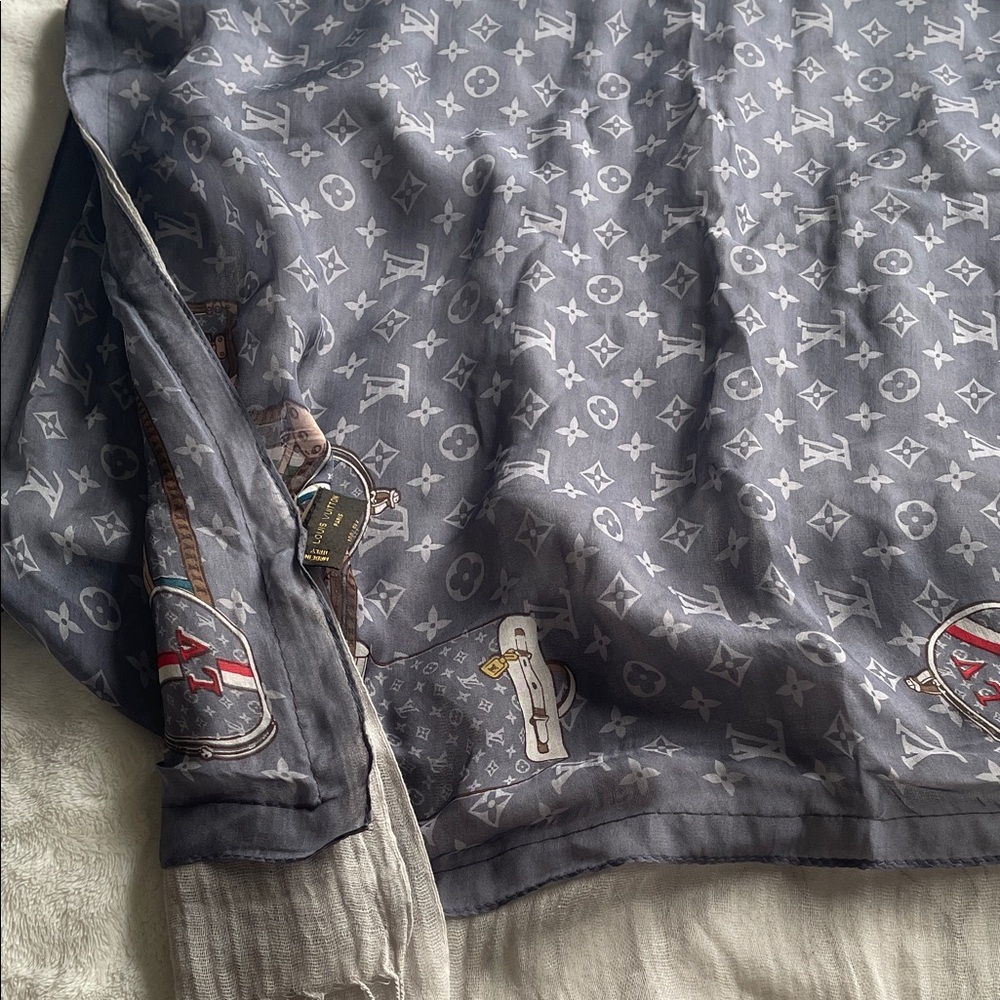 Louis Vuitton Gray Monogram Scarf with Red Accents